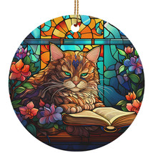 Cute Cat Book Art Stained Glass Colors Wreath Christmas Ornament Gift Pet Lover - £11.57 GBP