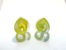 Two Mayflower Glass Works Hand Blown Art Glass Trumpet Style Yellow Swirl Decor - £27.65 GBP