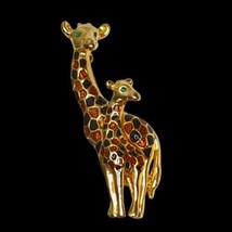 Vintage Gold Tone With Orange and Brown Mama Baby Giraffes Green Eyes Pi... - $9.28