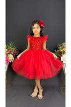 Earring Sequin Sequin Tulle Girl Child Dress MNK0526 RED - £32.73 GBP