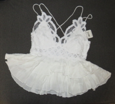 Free People Size S White Tiered Adella Cami, Crochet Lace,Adjustable Straps - £31.69 GBP