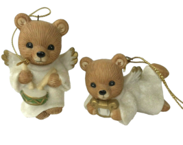 Vintage Set of 2 Homco 5721 Bear Christmas Angels Ornaments Figurines kitsch - £11.06 GBP