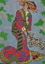 Spring Floral Geisha Needlepoint Finished Cherry Blossom MultiColor Blue Red Vtg - £19.87 GBP