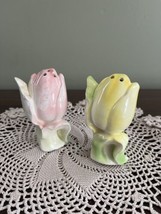 Vintage Rose Bud Tulip Salt and Pepper Shaker Set Pink &amp; Yellow - $17.82