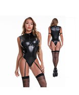 Crotchless Leather Corset, Latex Leotard, Nylon Stockings - $29.90