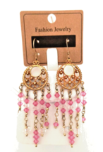 Women&#39;s 3&quot; Chandelier Earrings Dream Catcher Gold Tone Metal Pink/Clear Beads - £8.70 GBP