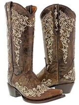 Womens Western Cowboy Boots Brown Leather Floral Embroidered Snip Toe Botas - £99.89 GBP