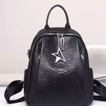 Star Zipper Design Black Serpentine Pattern Cowhide Leather Women Backpack Desig - £63.91 GBP