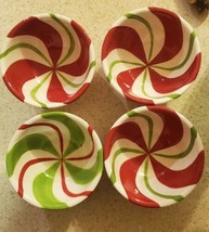 Set of 4 Candy Cane Christmas Berry Glass Dessert Bowls Red Green Swirl Ceramic  - £15.77 GBP