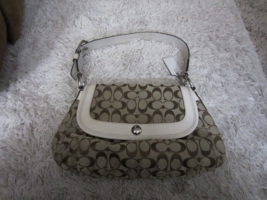 Coach Brown Signature Magnetic Snap Flap with White Leather Trim Satchel Purse - £31.30 GBP