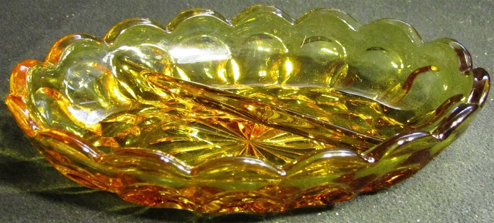 VINTAGE INDIANA GLASS THUMBPRINT AMBER DIVIDED CONDIMENT NUT DISH STARBURST - $6.00