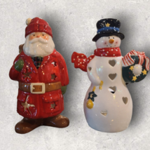 Hallmark Tea Light Ceramic Snowman &amp; Santa Candle Holder Christmas Holiday 7.5&quot; - £20.35 GBP