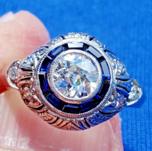 Earth mined Diamond Sapphire Antique Engagement Ring Art Deco Platinum Solitaire - £6,852.33 GBP