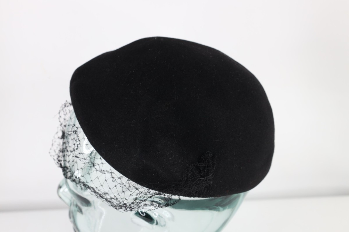 Vintage 50s Womens Felt Wool Fishnet Lace Cocktail Perch Hat Cap Black Item image 3