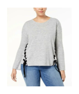 INC International Concepts Gray Pullover Boho Sweater Black Velvet Ribbo... - £31.08 GBP