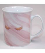 Large Coffee Mug Pink Marbling Ceramic Gold Metallic With Eye Lashes Tea... - $9.70