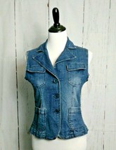 Blue Jean Vest Pockets Button Down Form Fitting Denim Junior Sz S Outer ... - $16.88