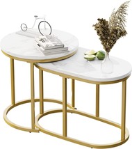 Two Modern Round White Marble Wood Nesting Coffee Tables, With An Oval Gold - $83.99
