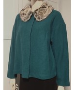 VTG ~ Evan  Picone Green Wool Faux Fur Detachable Collar Jacket ~ PL Petite - $34.05 CAD