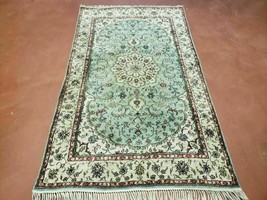 Silk Turkish Kayseri Rug 3x5 Light Mint Green Ivory Handmade Floral Medallion - $836.83