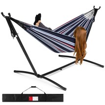 Double Hammock 2-Person Brazilian-Style Carrying Bag Steel Stand Portable Blue - £86.20 GBP