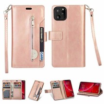 Leather Card Holding Zipper Case w/Strap for iPhone 12 Pro Max 6.7&quot; ROSE GOLD - £7.56 GBP