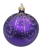 Glass Ball Christmas Ornament 4&quot; Purple Gold Swirl Vtg 1997 Made in Poland - $15.88