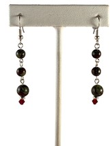 Silver Tone Pierced French Wire Green Stone &amp; Red Crystal Earrings (N10) - £6.35 GBP