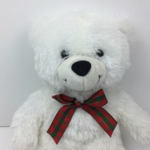 Build-A-Bear Workshop 16&quot; White Fluffy Bear Red Plaid Bow Tie Holiday - £19.61 GBP