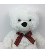 Build-A-Bear Workshop 16&quot; White Fluffy Bear Red Plaid Bow Tie Holiday - £19.65 GBP