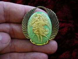 (CM1-9) Cupid Psyche Angel green CAMEO Pin Pendant Greek myth man woman angels - £26.14 GBP