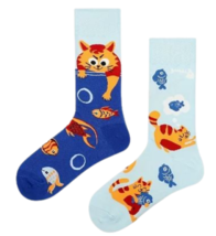 Cute Cat Fishing Crew Socks Orange Kitty Fishbowl Blue Unisex Novelty Mi... - £7.84 GBP