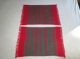 2 Woven RED W/GREEN DESIGN Cotton Fringed PLACEMATS or RUNNERS - 12&quot; x 18&quot; - £6.35 GBP