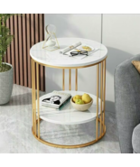 2-Tier White Marble Side Table Round Coffee Table Nightstand - $102.88 CAD