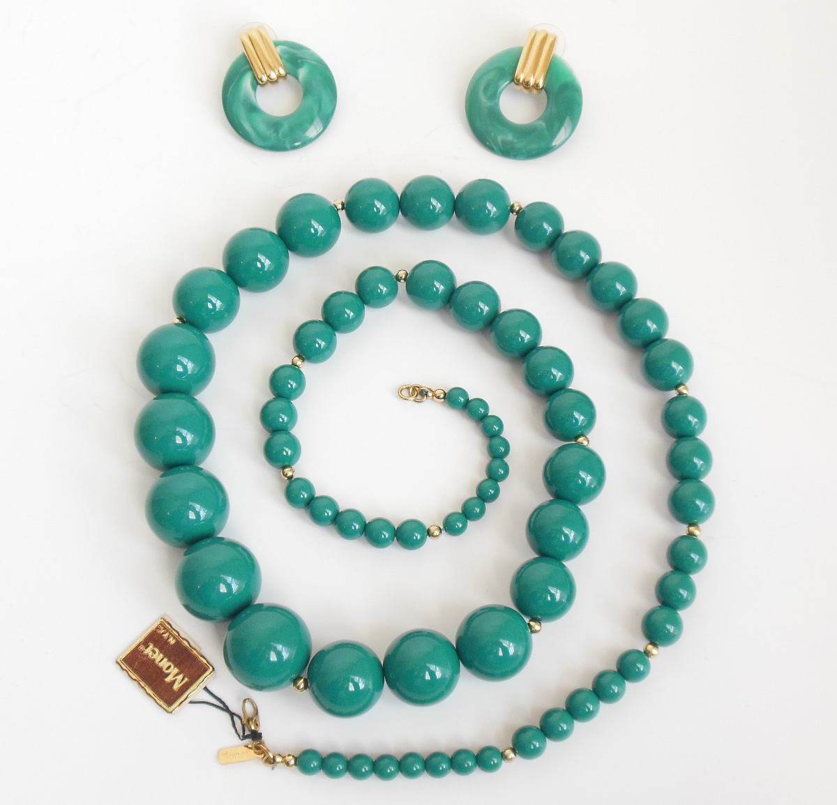 Primary image for Vintage Monet Graduated Teal Bead Necklace Pierced Disc Earrings Jewelry Set