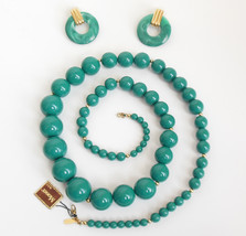 Vintage Monet Graduated Teal Bead Necklace Pierced Disc Earrings Jewelry Set - £26.33 GBP