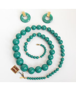 Vintage Monet Graduated Teal Bead Necklace Pierced Disc Earrings Jewelry... - £26.33 GBP