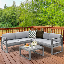 4 PCS Aluminum Patio Sofa Set Outdoor Sectional Furniture Set with Grey ... - £795.39 GBP
