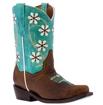 Kids Western Boots Flower Embroidered Leather Teal Pointed Snip Toe Botas - £43.25 GBP