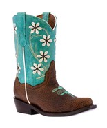 Kids Western Boots Flower Embroidered Leather Teal Pointed Snip Toe Botas - £41.75 GBP