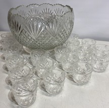 Vintage L.E. Smith Glass Pineapple Diamond Fan Cut Punch Bowl &amp; 18 Cups No Ladle - $64.03