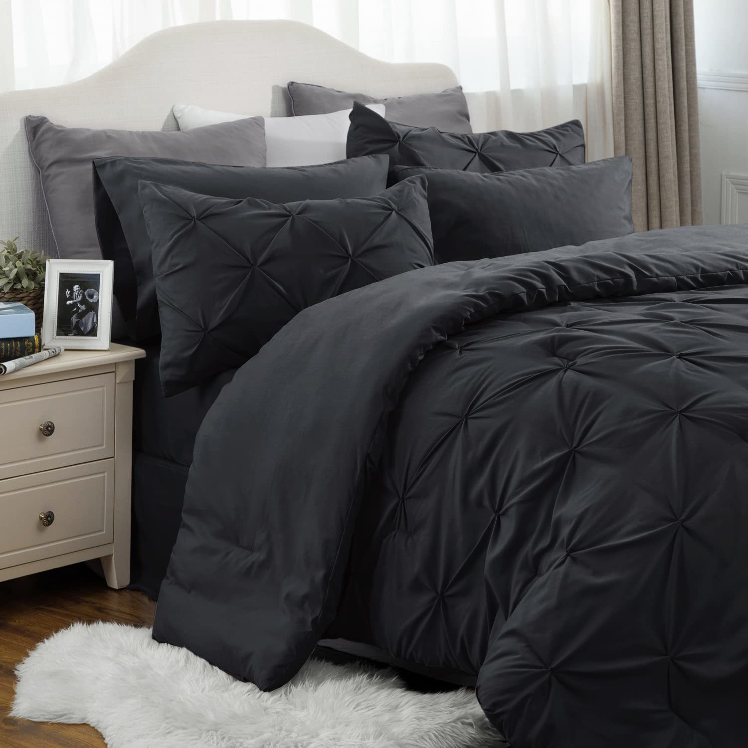 Black King Size Comforter Set - Bedding Set King 7 Pieces, Pintuck Bed In A Bag