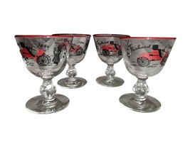 Libbey Set of 4 Horseless Carriage Liquor Cocktail Glasses Circa 1960s Red Trim - £27.63 GBP