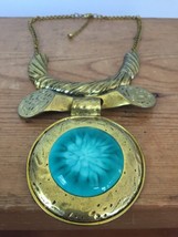 Vtg Chunky Gold Tone India Egyptian Queen Style Teal Pendant Statement Necklace - $36.99