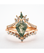 Kite Moss Agate with Moissanite/Diamond Ring Set, Nature-Inspired Design - $500.00 - $1,700.00