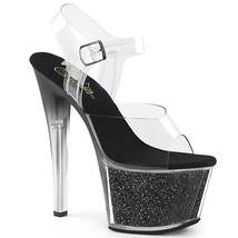 PLEASER Sexy 7&quot; Heel Black Glitter Platform Ankle Strap Clear Sandal Women Shoes - £54.48 GBP