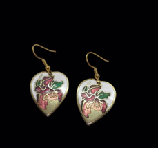 Vintage Earrings Cloisonne Floral Flower heart Drop Dangle Pink Iris Boho Hippie - £10.22 GBP