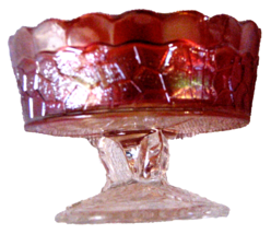 Dugan Marigold Carnival Glass Maple Leaf Peacock Feather Pedestal Berry Bowl 4”T - £14.41 GBP