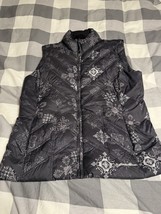 Eddie Bauer Women’s Goose Down Vest L Black Gray Damask Print Puffer Warm - $24.37