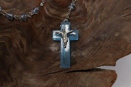 Vintage Silver Tone Baby Blue INRI Jesus Crucifix Cross Pendant Rosary Necklace - £9.34 GBP